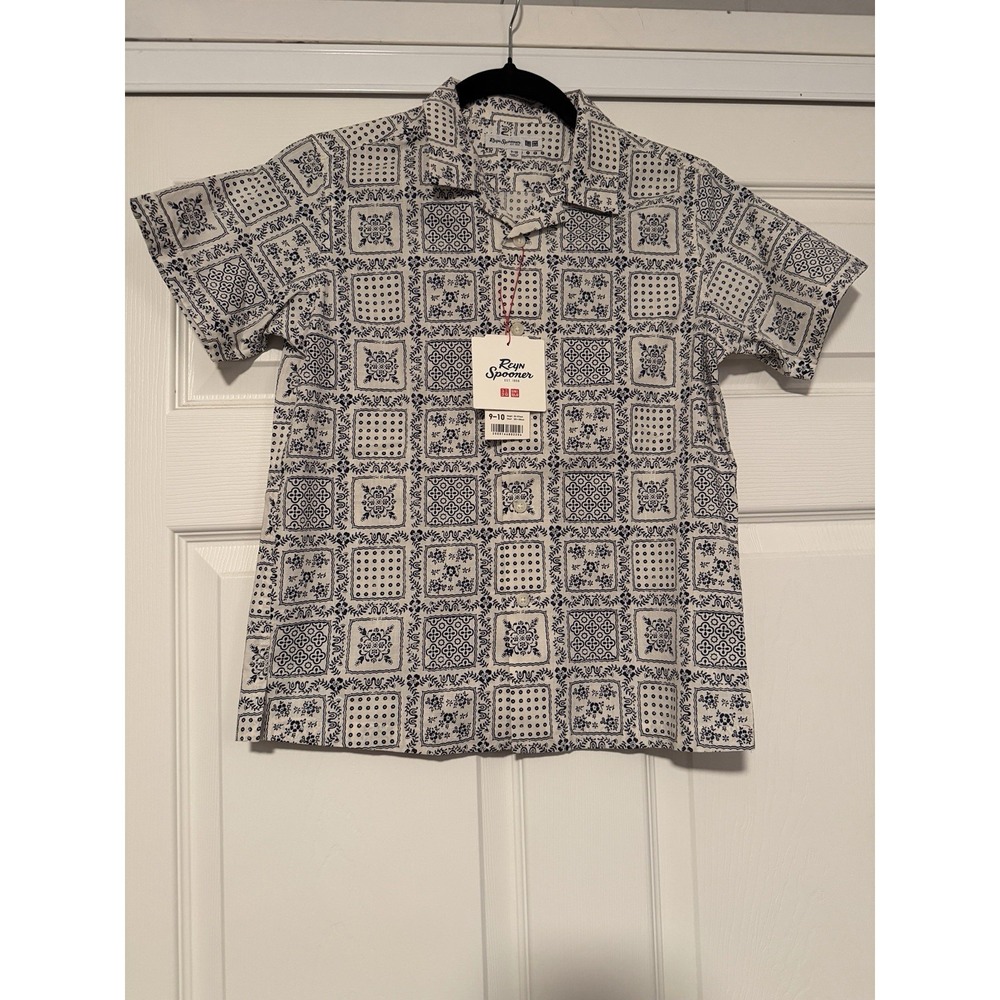 Reyn Spooner Boys‎ 9 10 Uniqlo Hawaiian Aloha Shirt Blue White Quilt Print